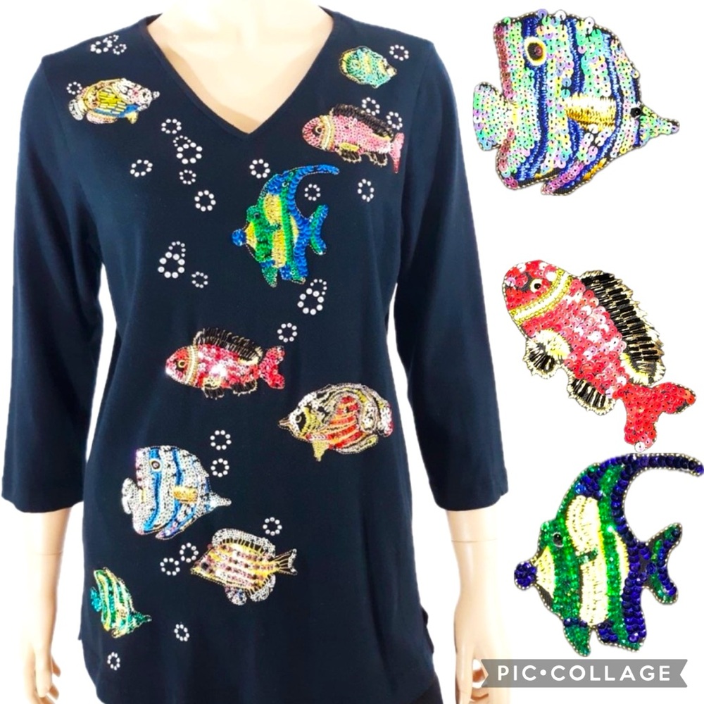 Vintage Quacker Factory Black Hand Beaded Tropical Fish Elbow Sleeve Blouse - Picture 1 of 16